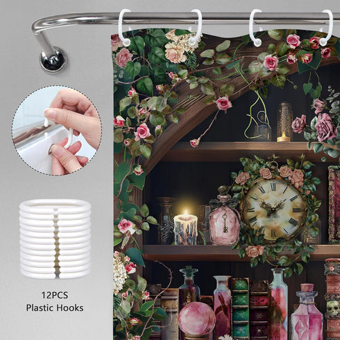 60Wx72H 12 Pack Gothic Skull Shower Curtain Witchy Spooky Pink Rose Vintage Retro Wizard Magic Bookshelf Succulent
