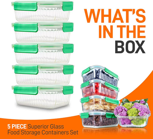 NutriChef 5-Piece Reusable Glass Meal Prep Containers, 30 oz Stackable Kitchen Storage with 4-Side Locking Plastic