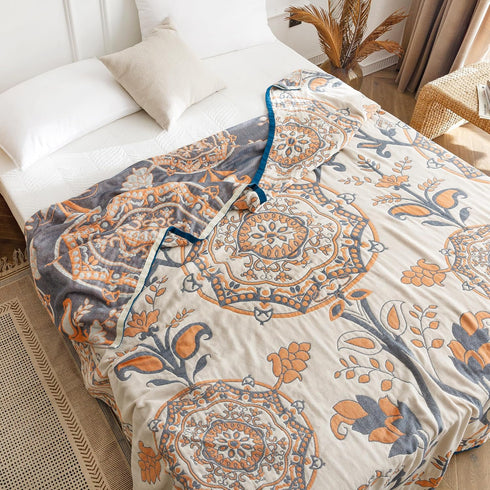 MEJU 100% 4 60 80 Round Flower Branch Boho Mandala Muslin All Season Throw Blanket for Bed Sofa Couch, Combed Cotton