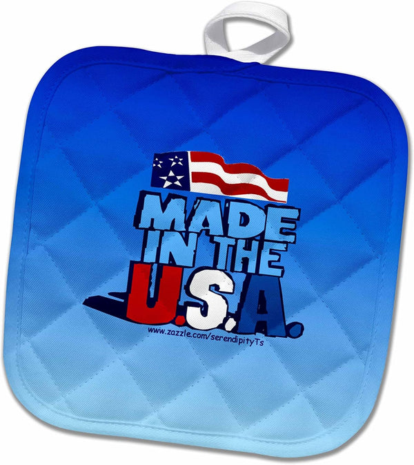 3D Rose Made in The USA On Blue Pot Holder, 8" x 8"