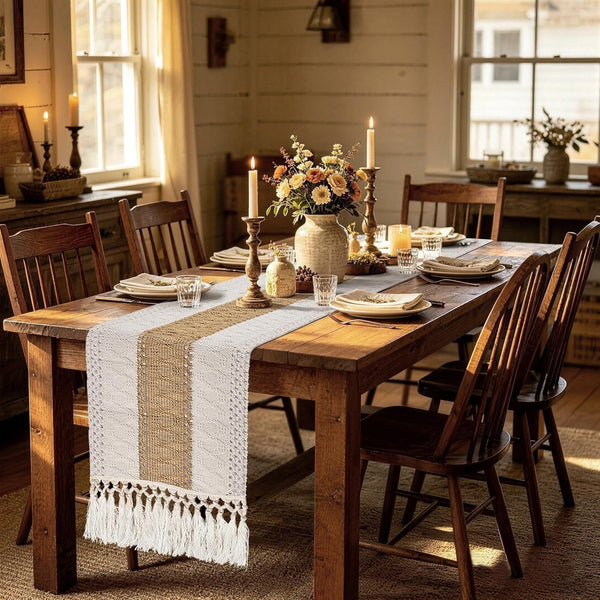 yuboo Boho Table Runner 90 inches Long - Rustic Burlap Table Runner