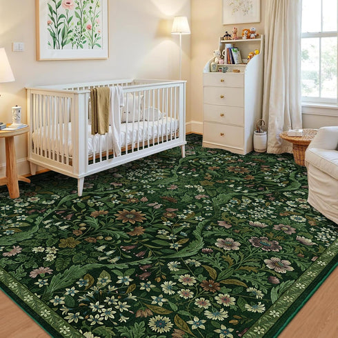 57 Dark Green Washable Floral Area Rug,Vintage Boho Soft Low-Pile Living Room Rugs, Stain Resistant Botanical Non-Slip