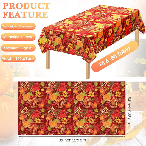 Tegeme 1 Pcs Disposable Plastic Tablecloth, Waterproof Fall Leaf Pumpkin Maple Cover for Thanksgiving Party Decor, 54 x