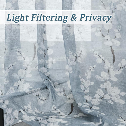 FMFUNCTEX Linen Sheer Curtains - Blue White Blossom Print, 84 Inches Long, Floral Patterned Window Drapes, 2 Panels