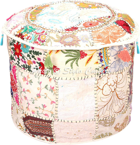 Stylo Culture Indian Patchwork Pouf Ottoman Cover Round Embroidered Pouffe White Cotton Floral Traditional