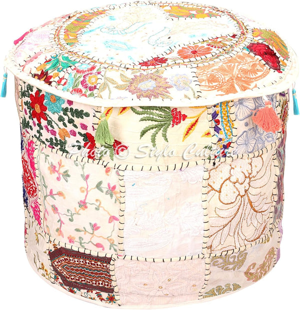 Stylo Culture Indian Patchwork Pouf Ottoman Cover Round Embroidered Pouffe White Cotton Floral Traditional