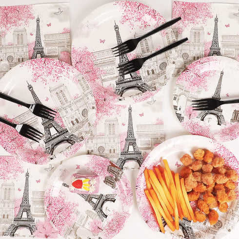Paris Eiffel Tower Plates and Napkins - Parisian Party Disposable Paper Tableware Bundle for 24 Guests