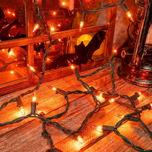 mimigogo Wire,13ft 50 Bulb Orange Halloween Tree Lights with Green Incandescent Waterproof Fairy LightsPlug in Mini