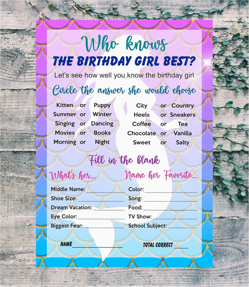 RokAPary Mermaid Who Knows The Birthday Girl Best Game, Fun Game for Sleepover, Pack of 30 Cards 5”x7”