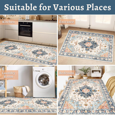 Vintage Rug 2x3, Washable Non-Slip Small Area Rug, Distressed Blue/Beige Print Door Mat for Entryway Kitchen