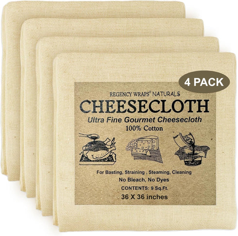 Regency Wraps 100% Cotton Ultra Fine Natural Cheese Cloth - 36 sq.ft, 4 pcs for Basting, Canning, Cheesemaking