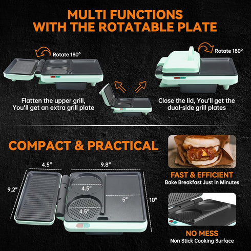 Baker's Friend Breakfast Sandwich Maker, Nonstick Electric Griddle & Grill Combo, 3 in 1 Breakfast Station