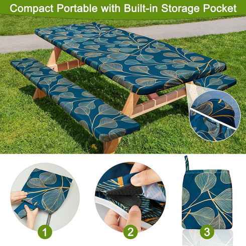 HobbLab Rv,72in,Blue-gray Picnic Table Cover with Bench Covers Portable Table Cloth Built-in Storage Pocket Fitted