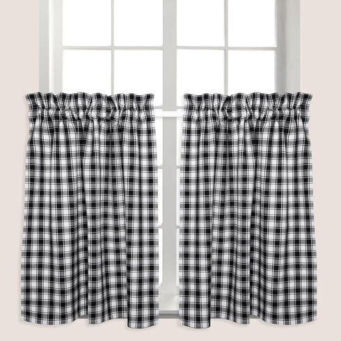Cackleberry Home Set of 2 Black and White French Check Cafe Curtains, Woven Cotton 28"W x 24"L