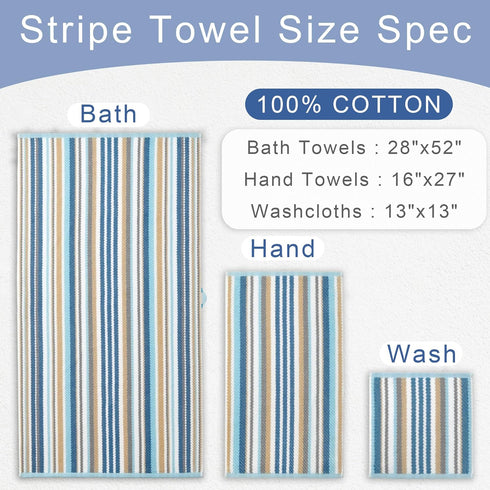 Set, 6PC 100% 13"x13" Set VOOVA & MOVAS Striped Wash Cloths Bathroom Washcloths - Cotton | Quick Dry | Soft |