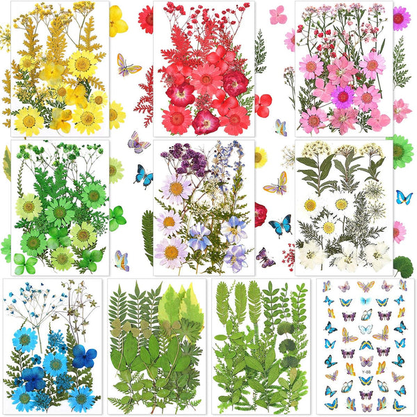 Nuanchu 223 Pcs Real Dried Pressed Flowers for Crafts, Natural Dried Leaves and Butterfly Stickers Set for DIY Resin