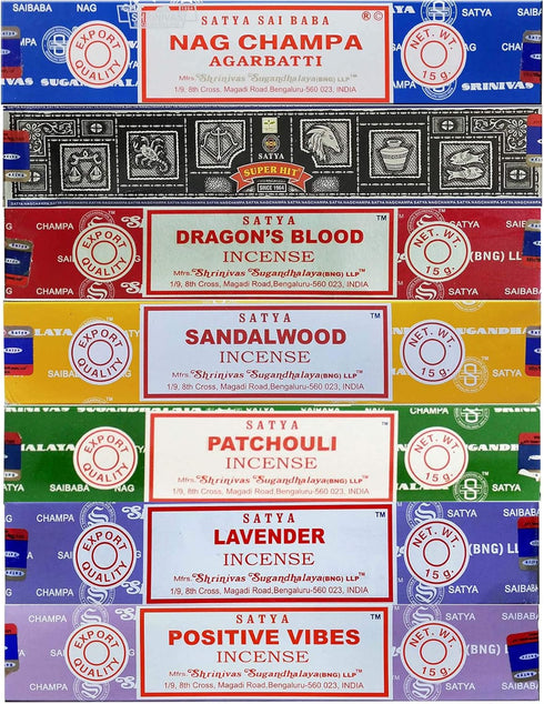 Satya Incense Gift Set - Nag Champa, Super Hit, Dragon's Blood, Sandalwood, Patchouli, Lavender, Positive Vibes, 15 g