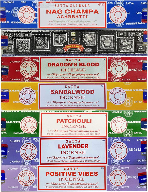 Satya Incense Gift Set - Nag Champa, Super Hit, Dragon's Blood, Sandalwood, Patchouli, Lavender, Positive Vibes, 15 g