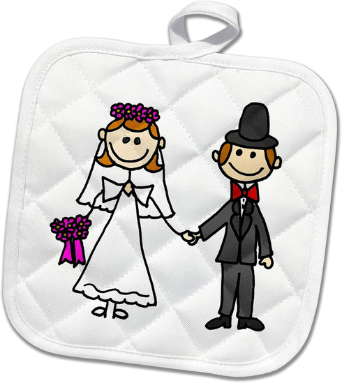 3D Rose Funny Stick Figure Wedding Bride and Groom Pot Holder, 8 x 8