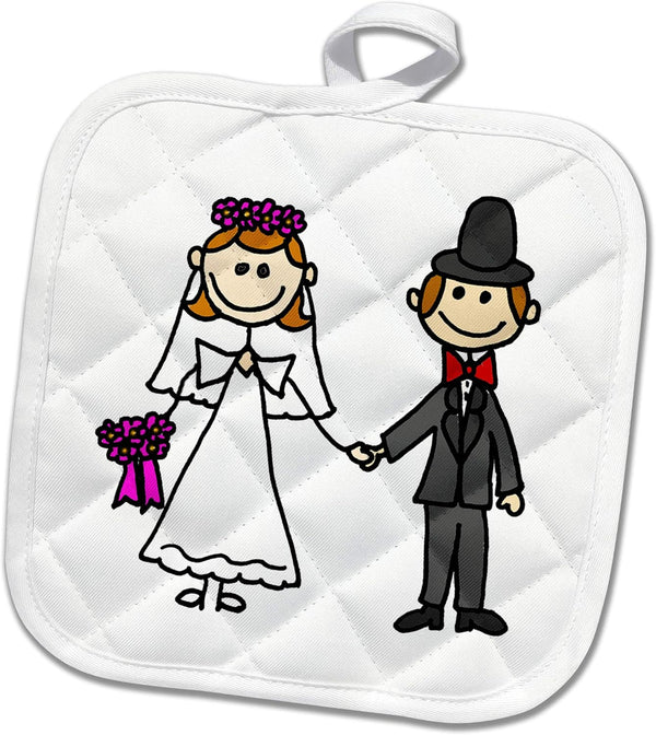 3D Rose Funny Stick Figure Wedding Bride and Groom Pot Holder, 8 x 8
