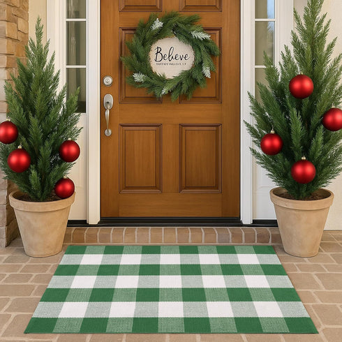 28 43 Inches Christmas Green & White Plaid Rug - x Outdoor Front Door Decor Mat Cotton Washable Hand-Woven Rug