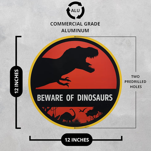 Venicor Beware of Dinosaur Sign - 12 x 12 Inches Aluminum, T Rex Room Decor for Boys, Keep Out Warning Metal Wall Art