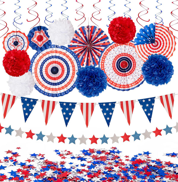 29PCS 4th of July Patriotic Decorations Set, Red White Blue Paper Fans, USA Flag Pennant, Star Streamer, Pom Poms,