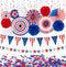 29PCS 4th of July Patriotic Decorations Set, Red White Blue Paper Fans, USA Flag Pennant, Star Streamer, Pom Poms,