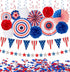 29PCS 4th of July Patriotic Decorations Set, Red White Blue Paper Fans, USA Flag Pennant, Star Streamer, Pom Poms,