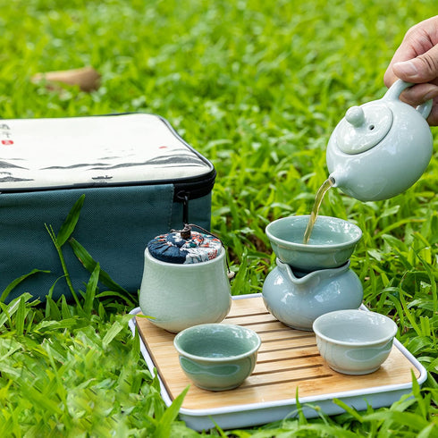 Sets 12 Set 4x Set Ceramic Kungfu Tea Piece,Mini Protable Travel Tea With Tea Pot, Tea Cups, Bamboo Tea Tray, Tea
