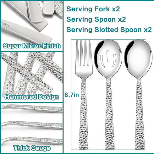 E-far Hammered Serving Utensils Set of 6, Stainless Steel 8.7 Inch Square Hostess Serving Set, Metal Serving Spoon Slotted Spoons Forks for Party Buffet Catering, Mirror Finished & Dishwasher Safe by E-far