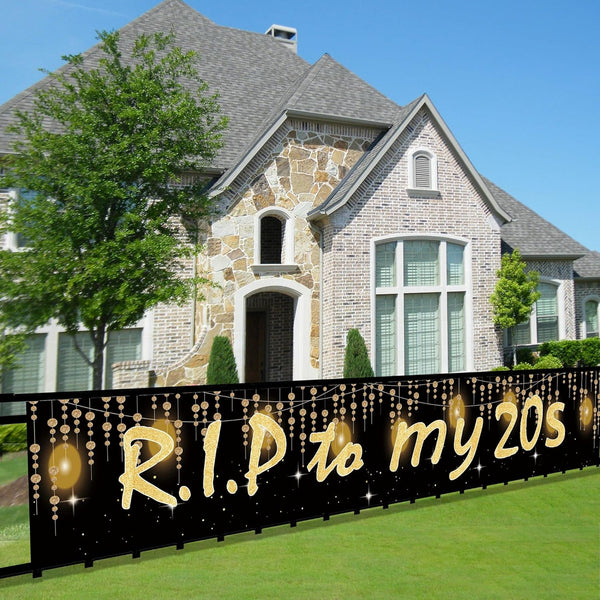 Joyiou Happy 30th Birthday R.I.P To My 20s Backdrop Banner, Large Black Gold 30 Birthday Party Sign Supplies