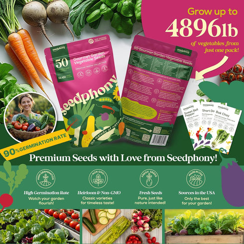 50 Pack 34,455+ Packets Seedphony Gourmet Garden Vegetable Seeds Variety - Non-GMO Heirloom Vegetables Seeds