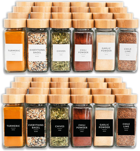 24PK Set 4oz, 374 SAVVY & SORTED Glass Spice Jars with Label, Bamboo Jar Spices Spice Labels, Pepper Grinder, Empty