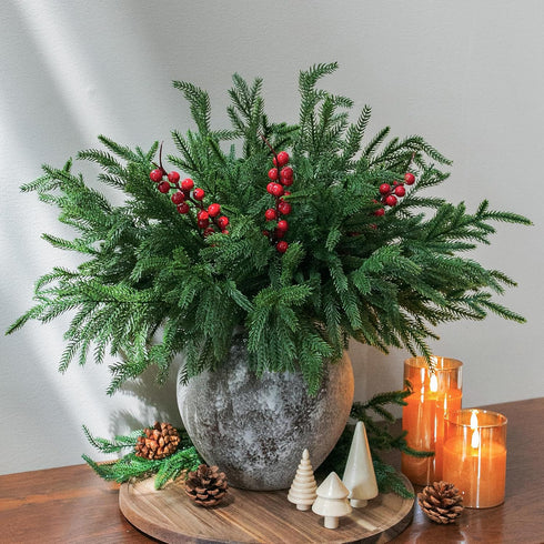 florisso Vases,12 3 Artificial Faux Christmas Norfolk Pine Stems Branches for Bundles Fake Evergreen Real Touch