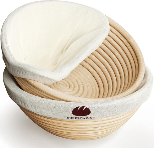 Superbaking 2 pcs Banneton Bread Proofing Basket, 9" Splinter-Free Round Rattan Bread
