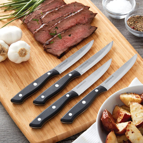 Farberware Triple-Riveted 4-Piece Steak Knife Set, High-Carbon Stainless Steel, Set of 4, Black