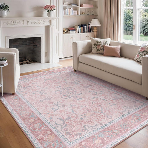Pink Area Rug 5x7 Washable Rugs Floral Vintage Tumble Carpet for Living