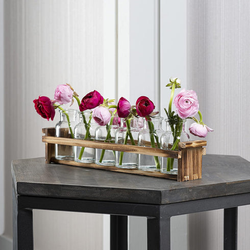 6 Beautiful Glass Flower Vase with Wooden Plant Stand & Bud Vases, Decorative Glass Bottles for Home Dcor, Dining Table