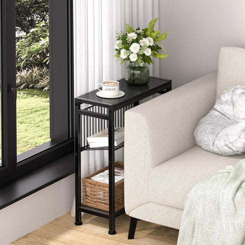 3-Tier End Table for Small Space, Narrow Side Table with Magazine Holder, Nightstand, Skinny Snack Couch Table