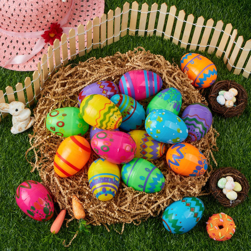 24PCS 3.15" JOYIN Printed Easter Eggs, Empty Fillable Colorful Plastic Eggs Bulks for Easter Hunt, Basket Stuffers