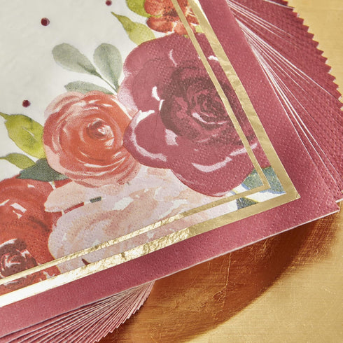 Kate Aspen Burgundy Blush Floral Paper Napkins - Thick Decorative Dinner Napkins for Wedding Reception or Bridal
