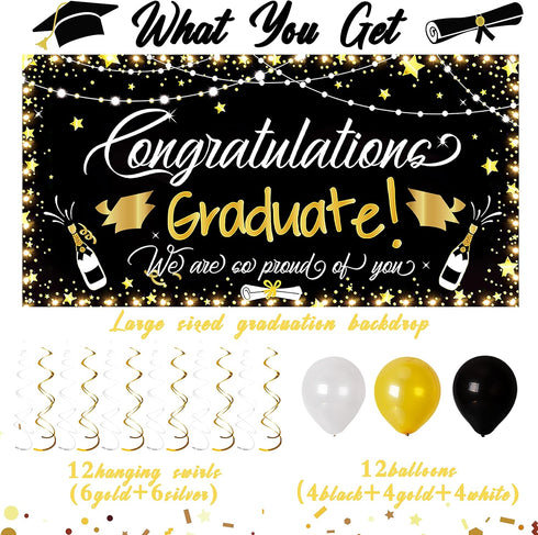90shine Graduation Decorations - Class of 2025 Lighted Congrats Grad Banner, 25PCS Black Party Supplies