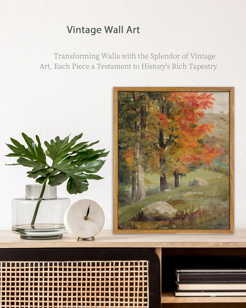 UPWOIGH Framed Wall Art, Autumn Tree Oil Painting Canvas Poster, Vintage Fall Landscape Rustic Print for Living Room