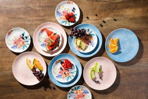 Set, 12-Piece Spice by Tia Mowry Goji Blossom Decorated Porcelain Chip and Scratch Resistant Dinnerware Blue