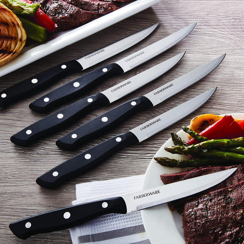 Farberware 6-Piece Triple Riveted Steak Knife Set, High-Carbon Stainless Steel, Razor-Sharp Fine Edge Blades, Black