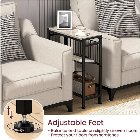 3-Tier Narrow Side Table for Small Space, End Table with Magazine Holder, Slim Nightstand with Wire Shelf, Skinny