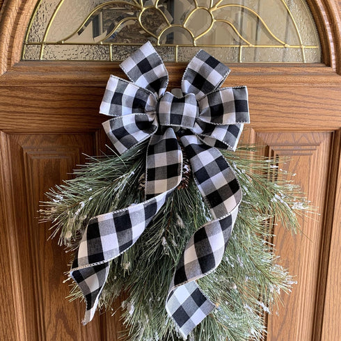 Buffalo Plaid Christmas Wreath Bow - Pre-Tied 10" Wide, 18" Long, Black and White Checkers, Fall Door Decoration