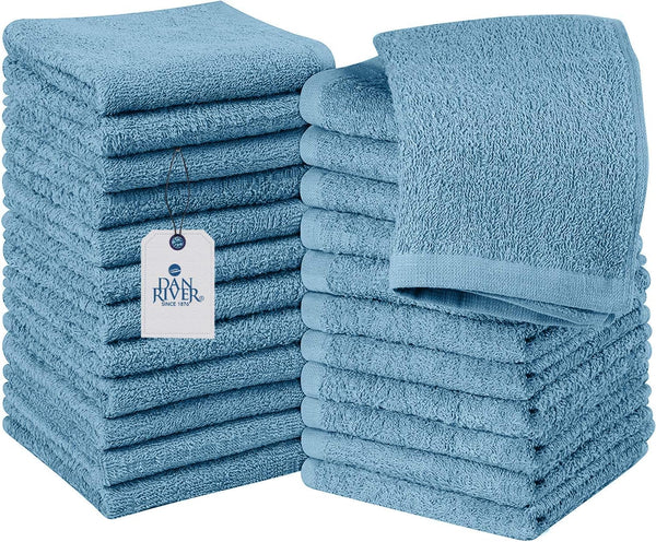 DAN RIVER 100% Cotton Washcloths, 24 Pack, Quick Dry Essential Towels for Bathroom, 12X12 in, Blue
