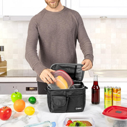opux Insulated Lunch Bag for Men Women - Leakproof Black Lunch Box for Work, Portable Soft Cooler Bag, 14 Can/8L